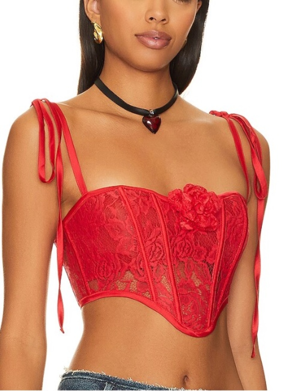 For Love & Lemons Niala Bustier Red Lace Corset Bandeau Top with Floral Applique